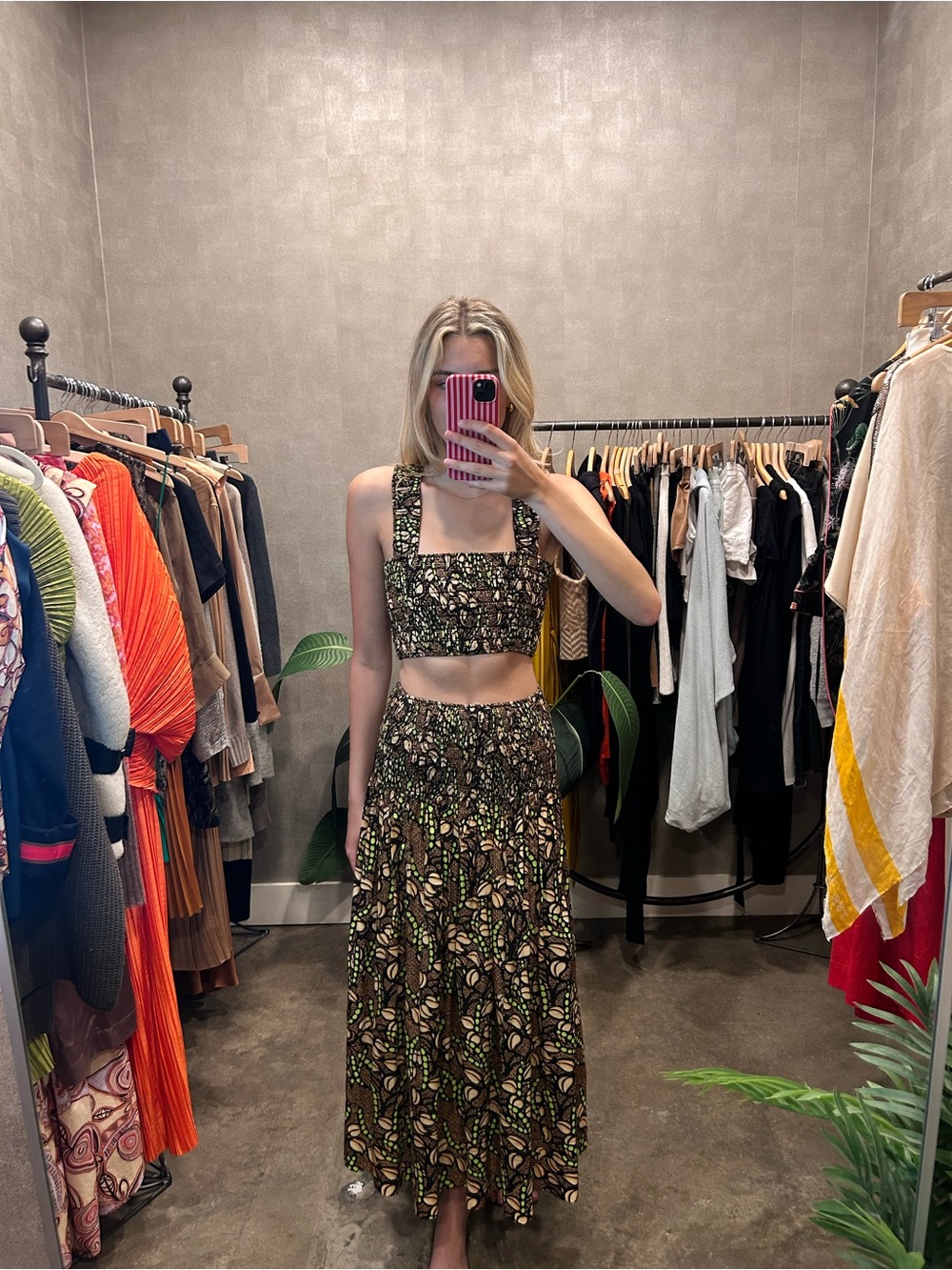 A.L.C. Green and Brown Floral Smocked Crop Top & Maxi Skirt Set